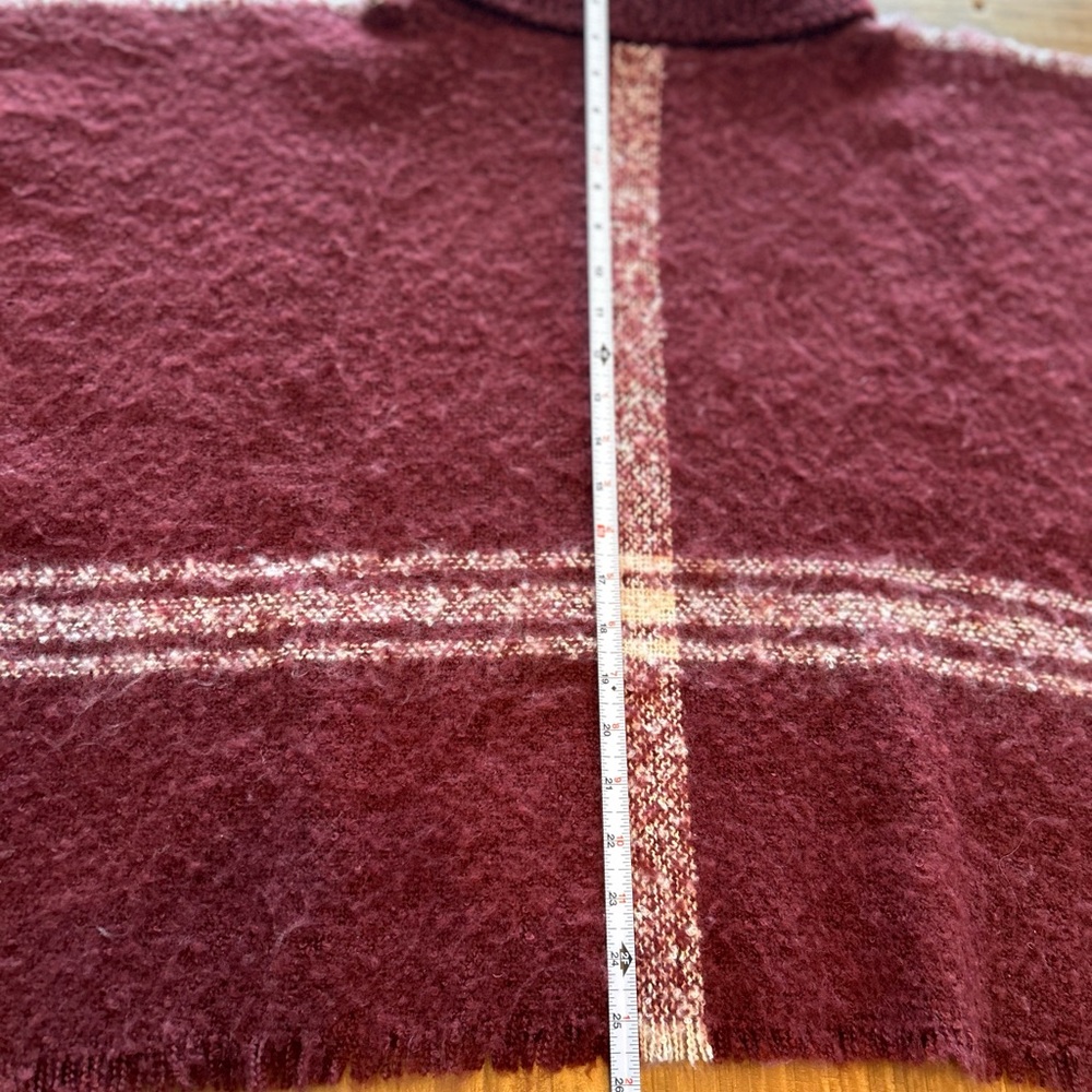 Women’s’ one-size knit turtleneck, poncho in maroon, and cream plaid - Picture 8 of 11